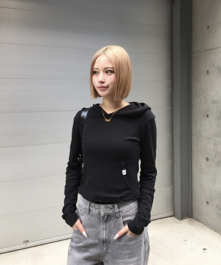 ポケットフード長袖Tシャツ BLACK