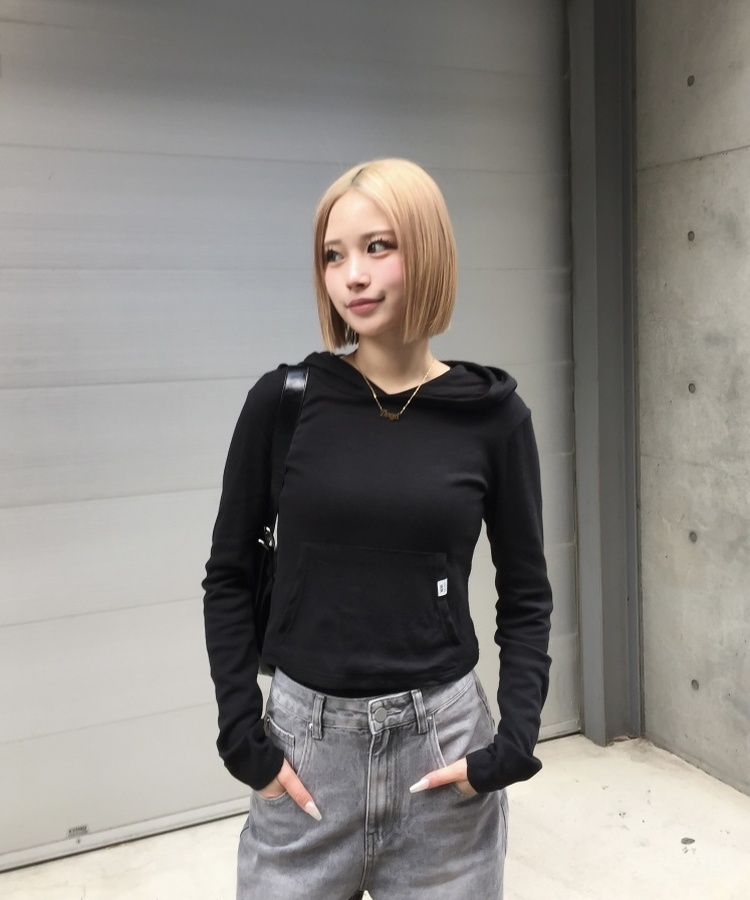 ポケットフード長袖Tシャツ BLACK