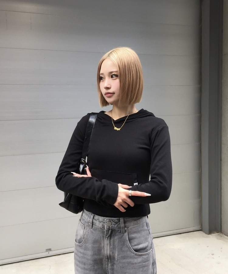 ポケットフード長袖Tシャツ BLACK