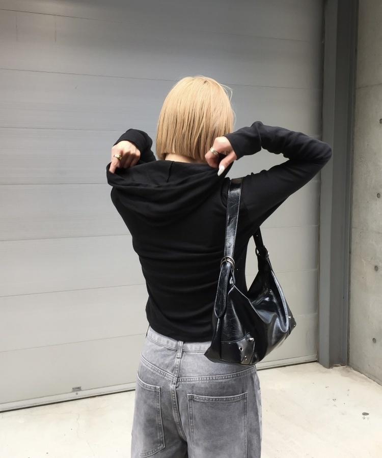 ポケットフード長袖Tシャツ BLACK