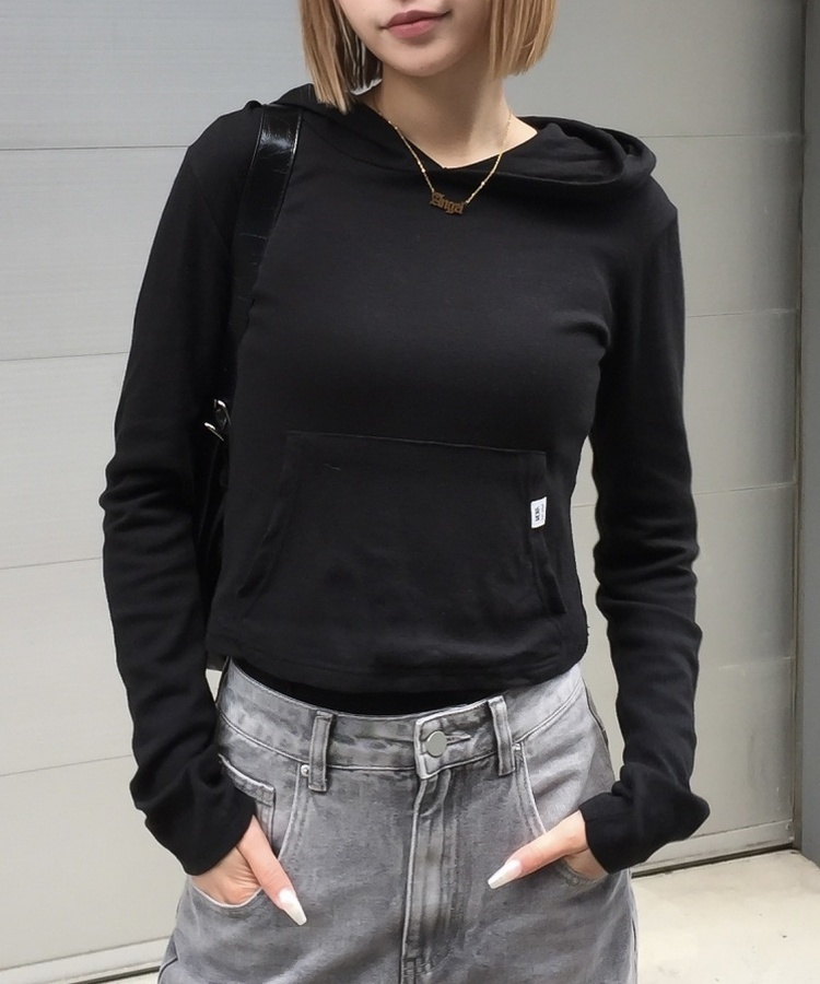 ポケットフード長袖Tシャツ BLACK