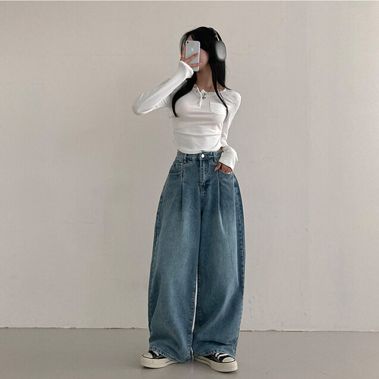 앤트 핀턱 하이웨스트 와이드 데님 팬츠 중청