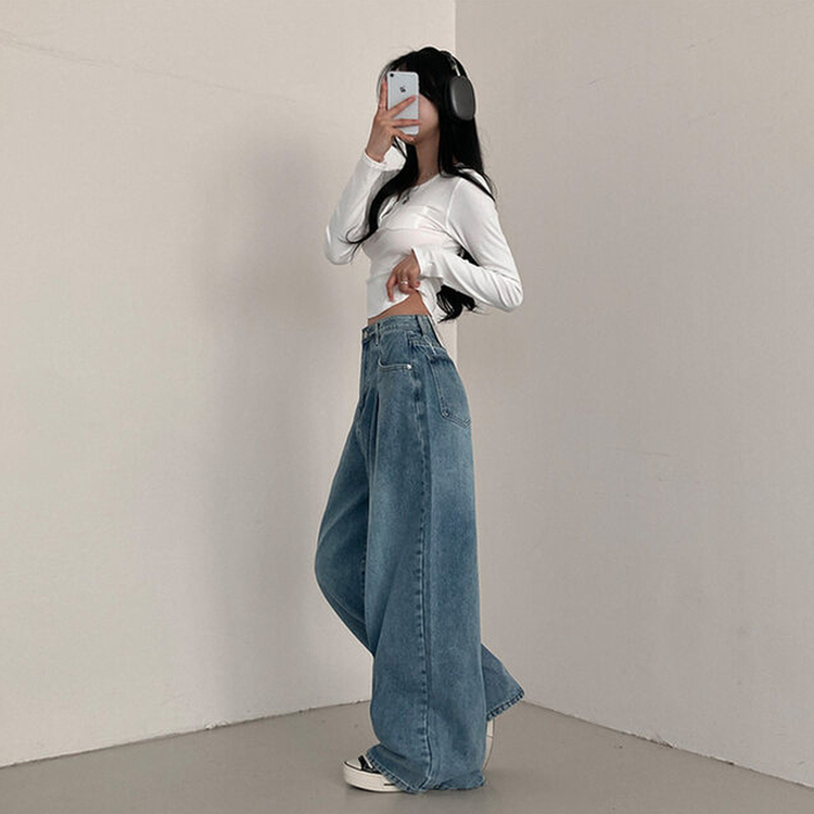 앤트 핀턱 하이웨스트 와이드 데님 팬츠 중청