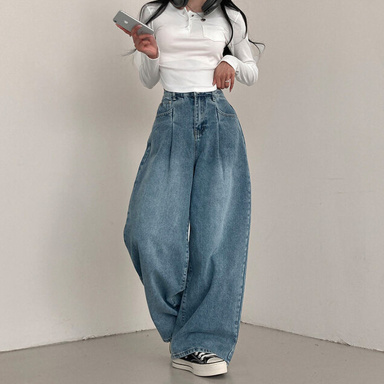 앤트 핀턱 하이웨스트 와이드 데님 팬츠 중청