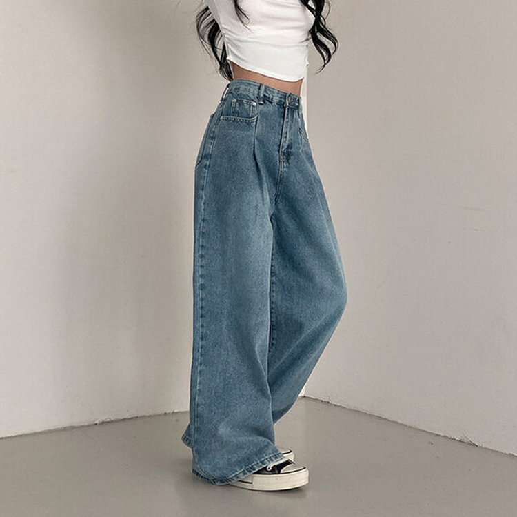 앤트 핀턱 하이웨스트 와이드 데님 팬츠 중청