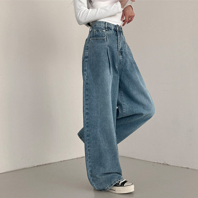 앤트 핀턱 하이웨스트 와이드 데님 팬츠 중청