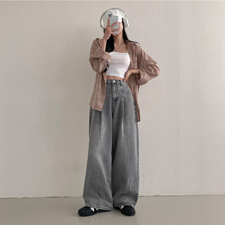 앤트 핀턱 하이웨스트 와이드 데님 팬츠 연그레이