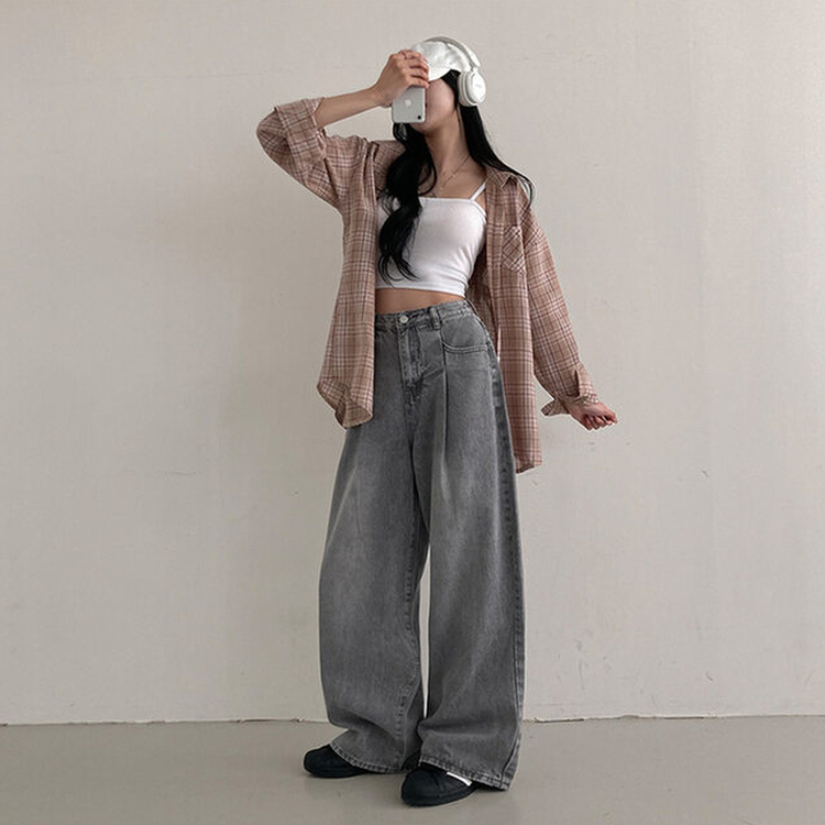 앤트 핀턱 하이웨스트 와이드 데님 팬츠 연그레이