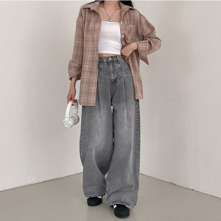 앤트 핀턱 하이웨스트 와이드 데님 팬츠 연그레이