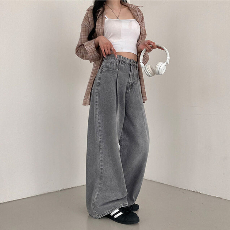 앤트 핀턱 하이웨스트 와이드 데님 팬츠 연그레이