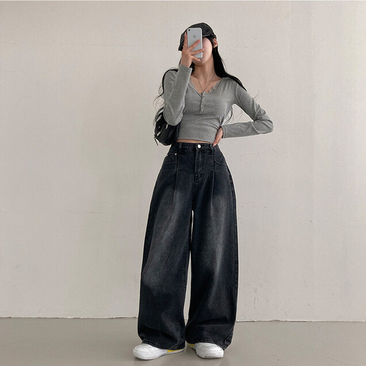 앤트 핀턱 하이웨스트 와이드 데님 팬츠 흑청