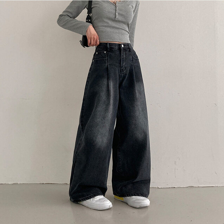 앤트 핀턱 하이웨스트 와이드 데님 팬츠 흑청