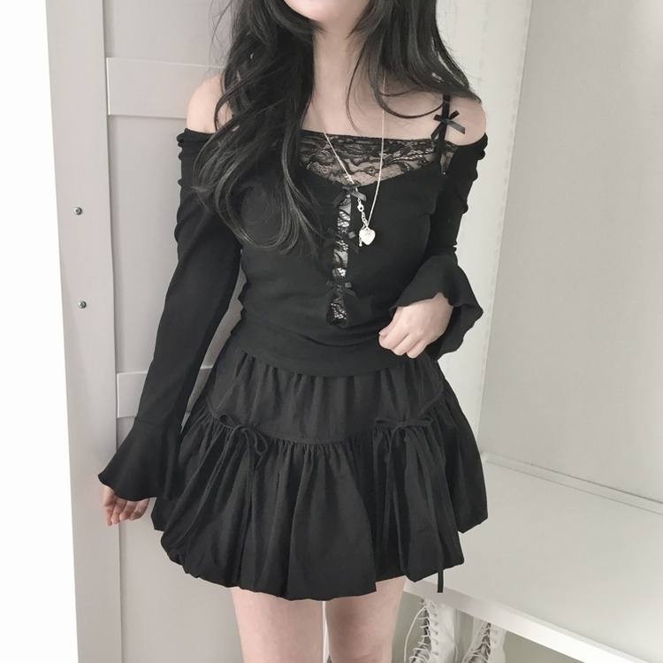 벚꽃룩 귀여운 리본포인트 바스락 펌킨 호박 미니 스커트 속바지내장 블랙