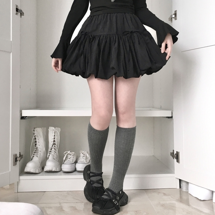 벚꽃룩 귀여운 리본포인트 바스락 펌킨 호박 미니 스커트 속바지내장 블랙