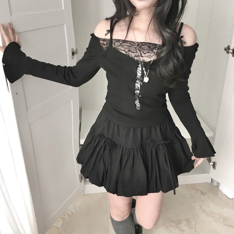 벚꽃룩 귀여운 리본포인트 바스락 펌킨 호박 미니 스커트 속바지내장 블랙