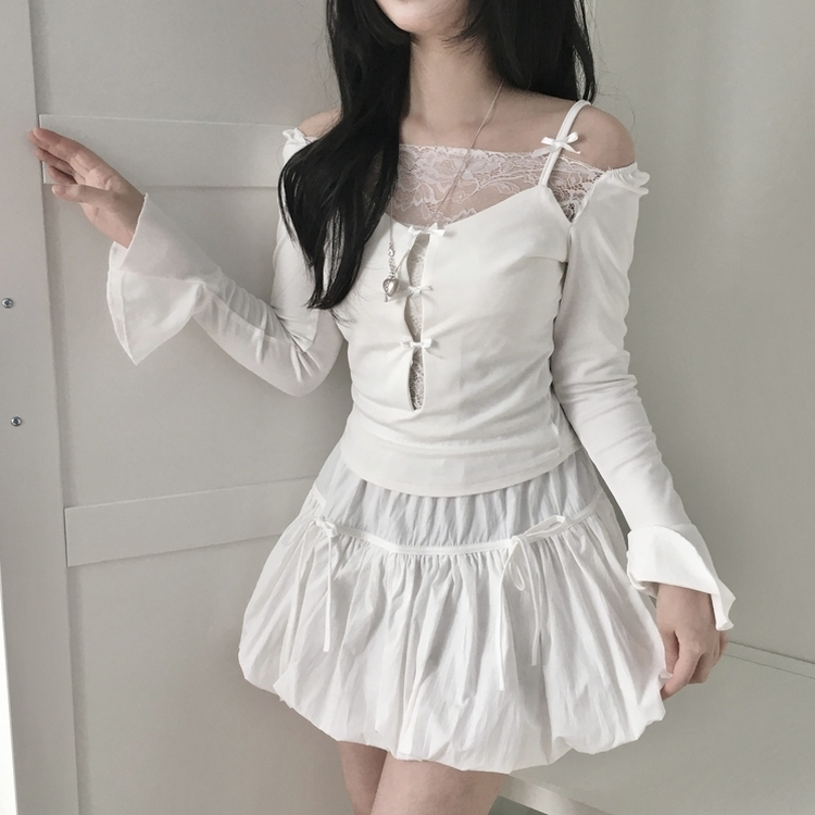 벚꽃룩 귀여운 리본포인트 바스락 펌킨 호박 미니 스커트 속바지내장 화이트