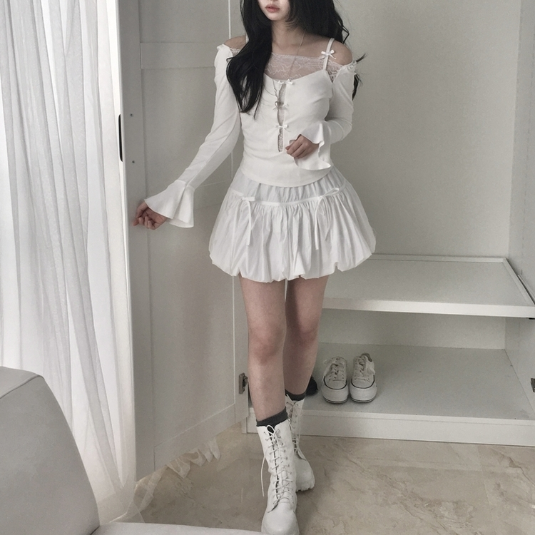 벚꽃룩 귀여운 리본포인트 바스락 펌킨 호박 미니 스커트 속바지내장 화이트