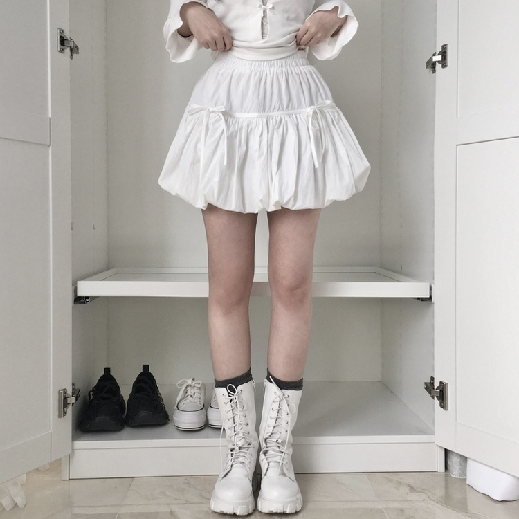 벚꽃룩 귀여운 리본포인트 바스락 펌킨 호박 미니 스커트 속바지내장 화이트