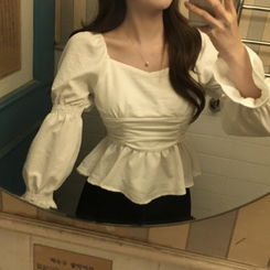 シースルーオフショルダーシャーリングブラウス WHITE