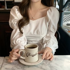 シースルーオフショルダーシャーリングブラウス WHITE