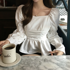 シースルーオフショルダーシャーリングブラウス WHITE