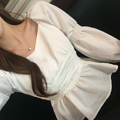 シースルーオフショルダーシャーリングブラウス WHITE