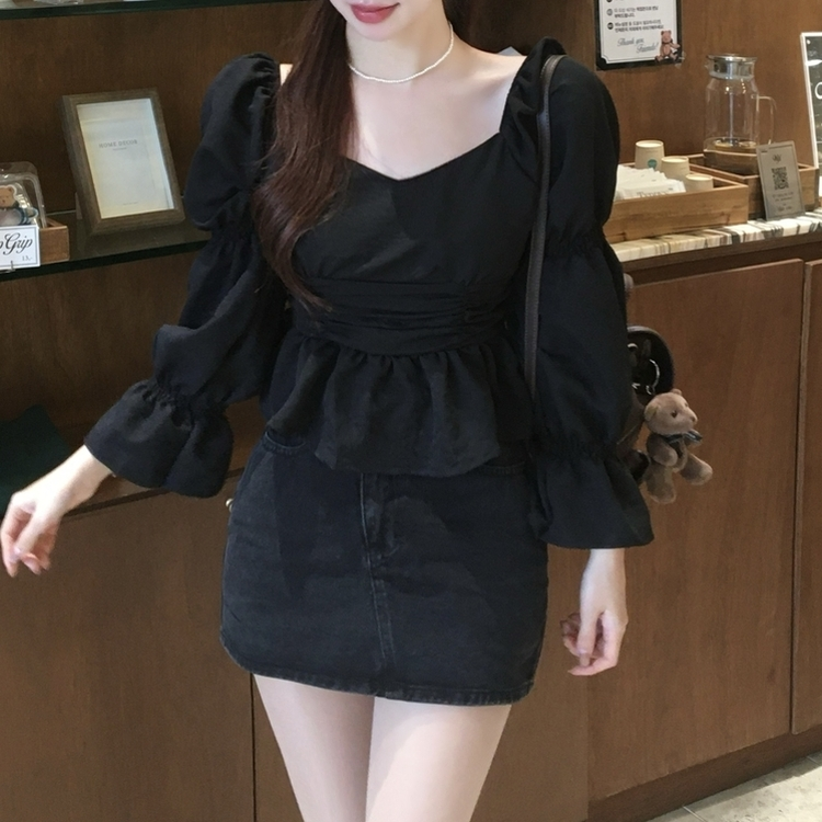 シースルーオフショルダーシャーリングブラウス BLACK