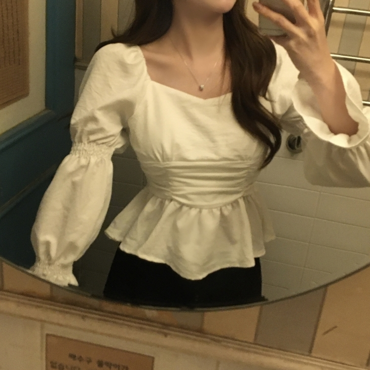 シースルーオフショルダーシャーリングブラウス WHITE