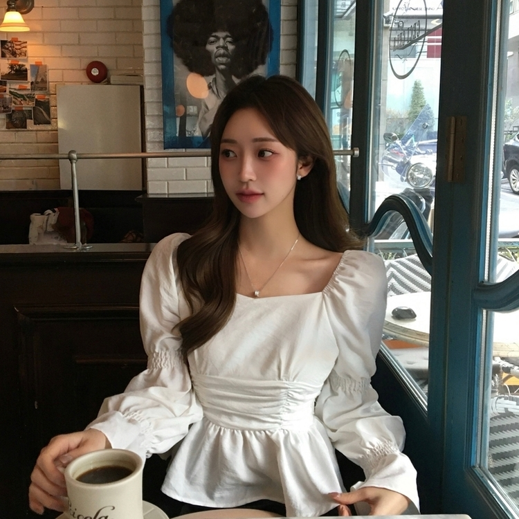 シースルーオフショルダーシャーリングブラウス WHITE