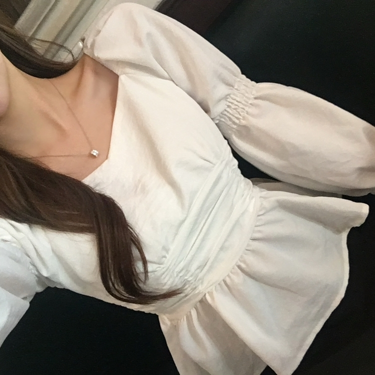 シースルーオフショルダーシャーリングブラウス WHITE