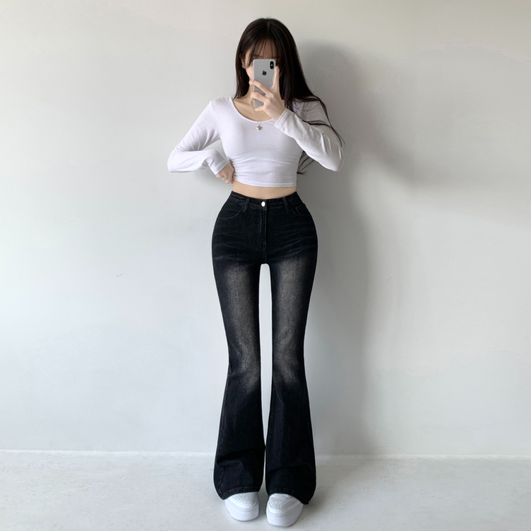 베스트 3기장 스판 빈티지 워싱 하이웨스트 골반뽕 데님 부츠컷 팬츠 흑청