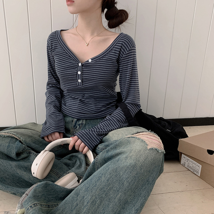Vネックボタンストライプ長袖Tシャツ