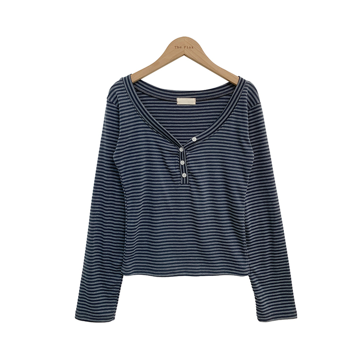 Vネックボタンストライプ長袖Tシャツ