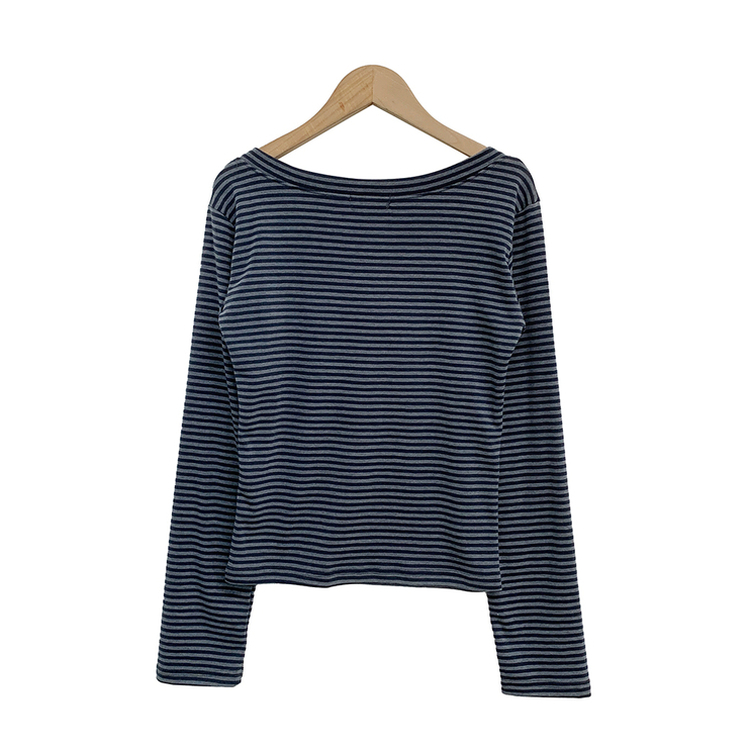 Vネックボタンストライプ長袖Tシャツ