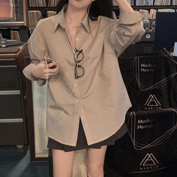 ポケットストライプルーズカラーシャツ BEIGE