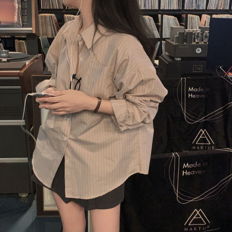 ポケットストライプルーズカラーシャツ BEIGE