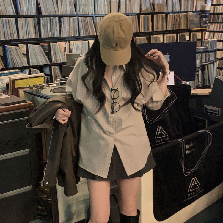 ポケットストライプルーズカラーシャツ BEIGE