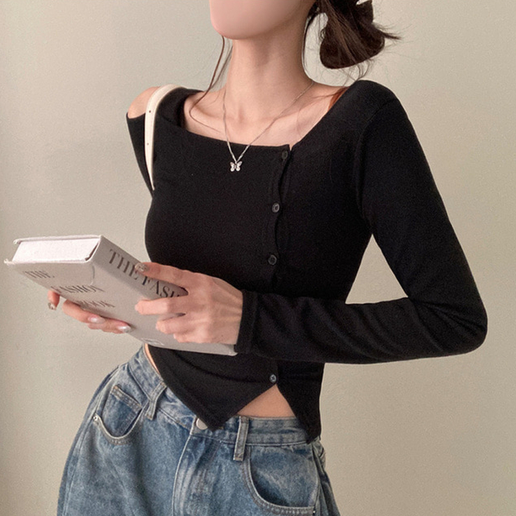 長袖Tシャツ ワンショルダーボタンスリット長袖Tシャツ BLACK