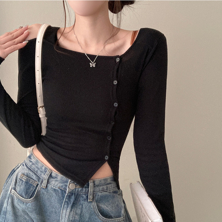 長袖Tシャツ ワンショルダーボタンスリット長袖Tシャツ BLACK