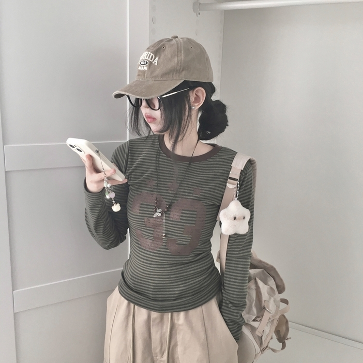 ストライプ長袖Tシャツ KHAKI