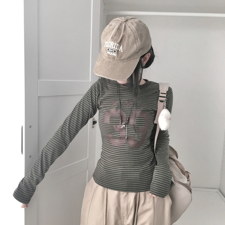 ストライプ長袖Tシャツ KHAKI