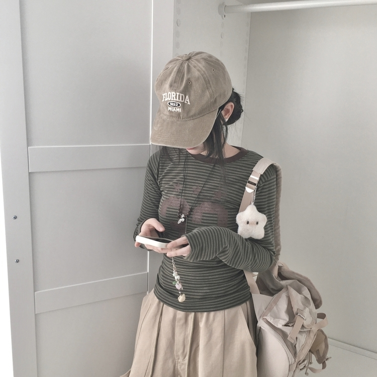 ストライプ長袖Tシャツ KHAKI