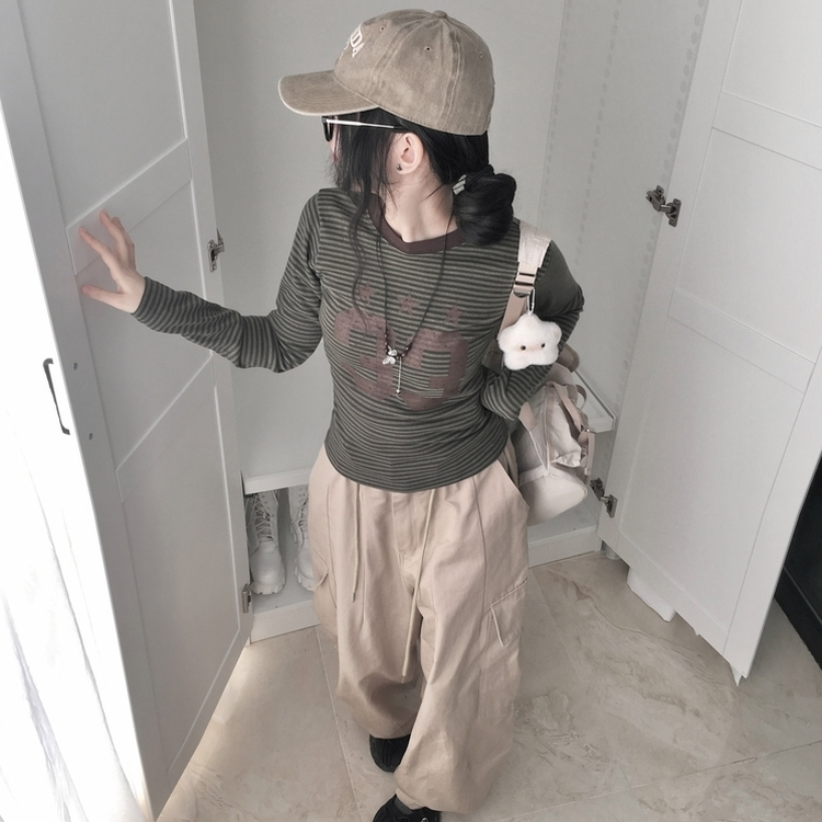 ストライプ長袖Tシャツ KHAKI
