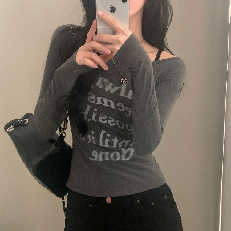 スリムレタリング長袖Tシャツ CHARCOAL