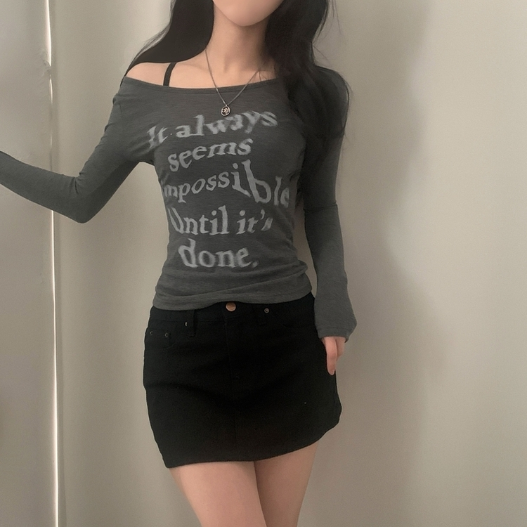 スリムレタリング長袖Tシャツ CHARCOAL