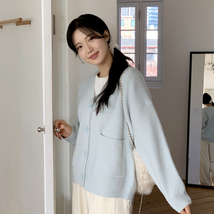 (ふんわり感性/体型カバー/優しい色合い♥) ルミア ソフト Vネック ルーズフィット ポケット ニット カーディガン