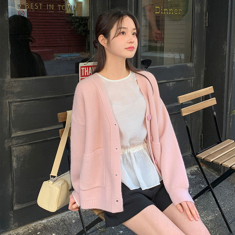 (ふんわり感性/体型カバー/優しい色合い♥) ルミア ソフト Vネック ルーズフィット ポケット ニット カーディガン