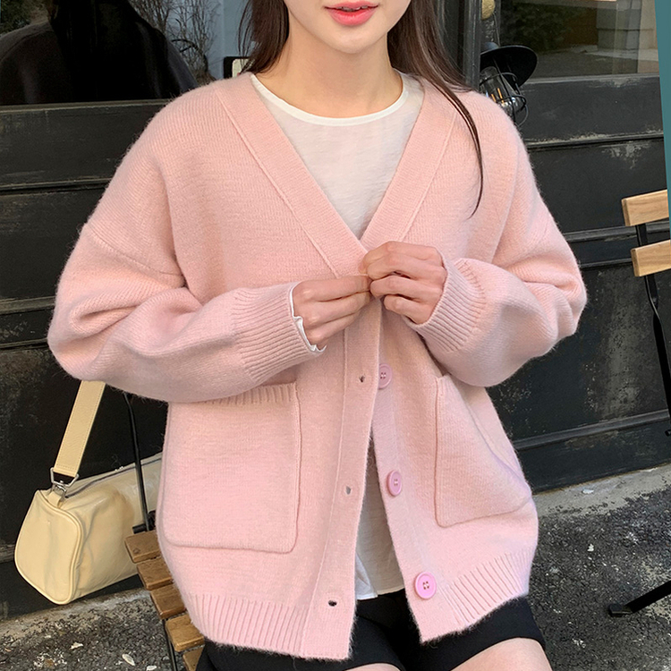 (ふんわり感性/体型カバー/優しい色合い♥) ルミア ソフト Vネック ルーズフィット ポケット ニット カーディガン