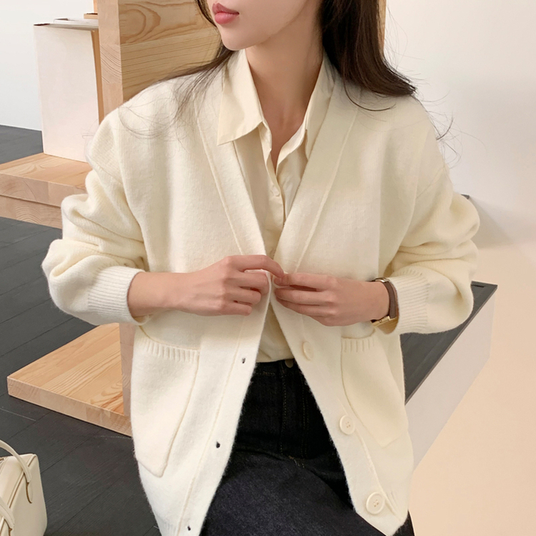 (ふんわり感性/体型カバー/優しい色合い♥) ルミア ソフト Vネック ルーズフィット ポケット ニット カーディガン