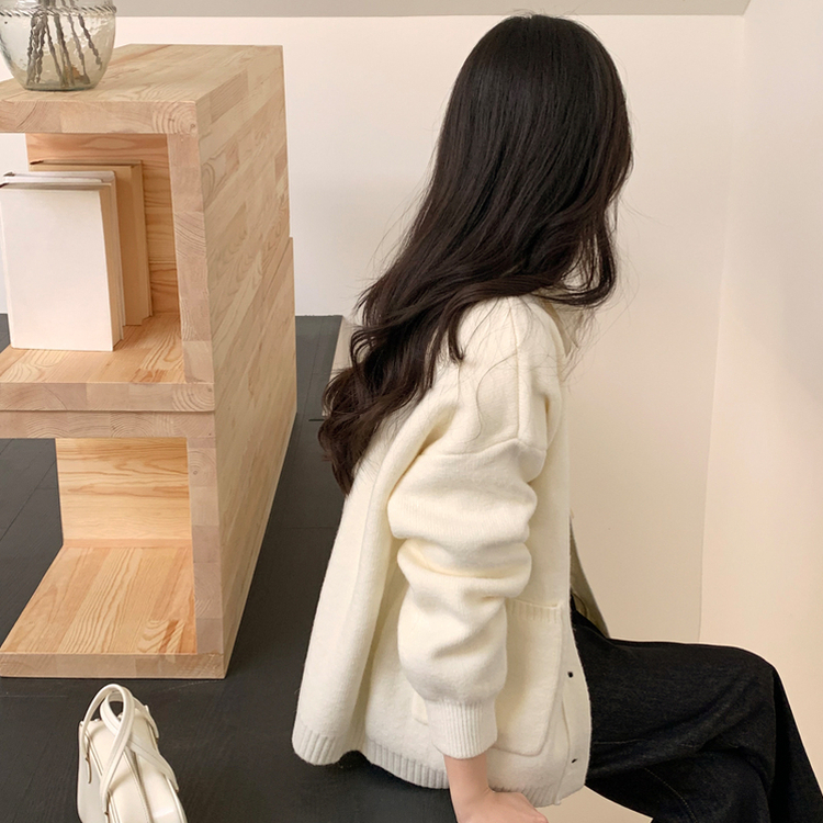(ふんわり感性/体型カバー/優しい色合い♥) ルミア ソフト Vネック ルーズフィット ポケット ニット カーディガン